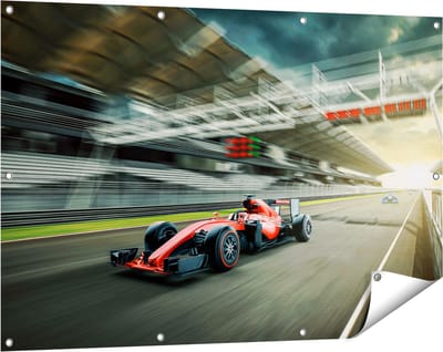 Gards Tuinposter Formule 1 Auto bij de Finish in het Rood - 120x80 cm - Tuindoek - Tuindecoratie - Wanddecoratie buiten - Tuinschilderij