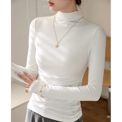 Katoenen Halfcol Basis Shirt voor Dames T-shirt met Lange Mouwen Herfst en Winter Nieuw Strakke Binnenste Onderhemd Top M white
