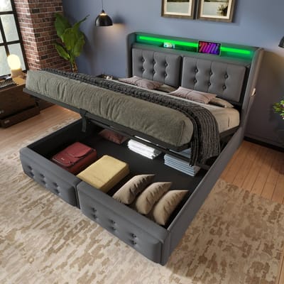 MODFU Bedframe 140x200 cm – katoen-linnen grijs – met hoofdbord, LED, USB/Type-C en hydraulische opbergruimte – elegant design