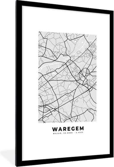 Fotolijst incl. Poster Zwart Wit- België – Waregem – Stadskaart – Kaart – Zwart Wit – Plattegrond - 80x120 cm - Posterlijst