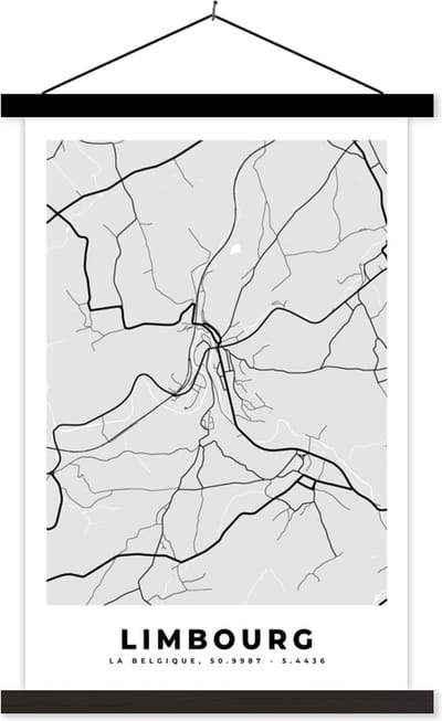 Posterhanger incl. Poster 40x60 cm - Schoolplaat - Stadskaart – Zwart Wit - Kaart – Limbourg – België – Plattegrond - Textielposter - Zwarte latten - Stadskaart