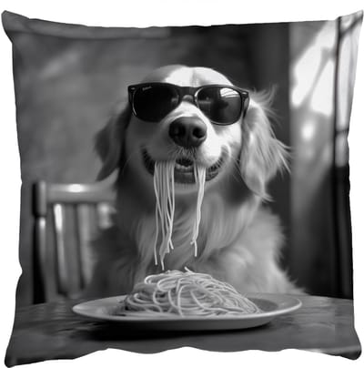 Sierkussens - Kussentjes Woonkamer - 50x50 cm - Golden Retriever - Hond - Vrolijk - Bord spaghetti - Zwart - wit