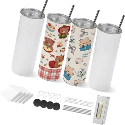 Sublimatie Tumblers - RVS Sublimatie Bekers - Blanco Bekers - Skinny Straight - Dubbelwandig Geïsoleerd - Met Deksel En Rietje - DIY Personaliseren - 591 ml - 4 Stuks