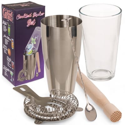 Dailygoods- Cocktailshakerset - roestvrijstalen beker - houten stamper - ijszeef - glas - geschenkverpakking - hoogwaardige materialen - Cocktailset