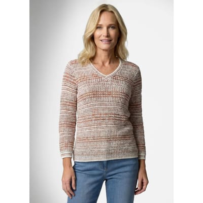 Pullover van structuurtricot met een V-hals - koraalrood / gedess. - Gr. 19 van Goldner Fashion
