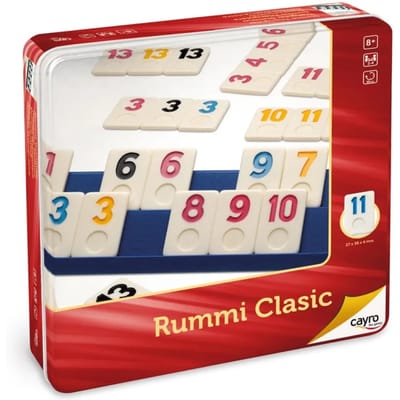 Cayro RummiClasic Metalen Doos - Klassiek Nummerspel met 106 Grote Fiches - Inclusief 4 Atrils en Stoffen Tas - 2-4 Spelers - Speelduur 30 Minuten - Vanaf 8 Jaar - Cayro Collection