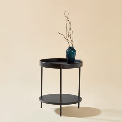 Wishdor - Ronde Salontafelset Met 2 Niveaus - Modern - Voor Woonkamer - Massief Hout En MDF Met Zwart Metalen Frame - Zwart