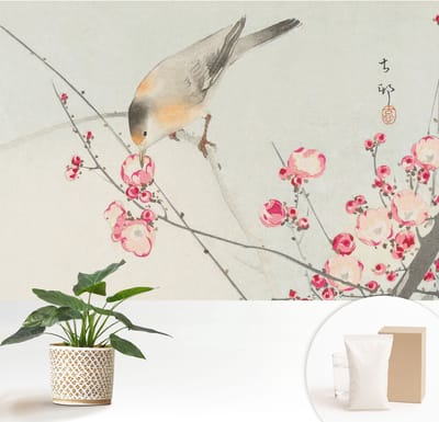 Wallfluent Behang - Bloemvogel Muurbehang - 152x104 cm - Zwart Behang - Voor liefhebbers van geschiedenis en reizen - Behang Voor op kantoor, voor de hal, voor de woonkamer - Wanddecoratie Bloemen en planten