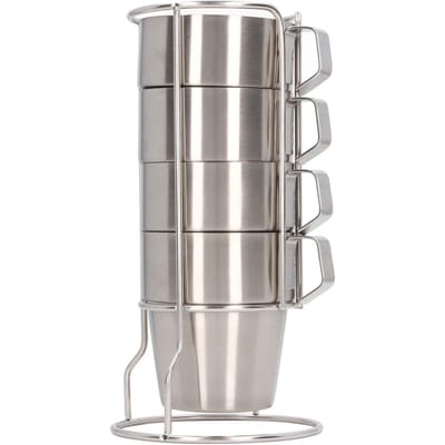 RVS Campingbekerset van 4 Dubbelwandige Koffiemokken met Standaard Houder Stapelbaar Outdoor gray