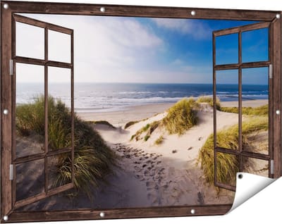 Gards Tuinposter Doorkijk Strand en Duinen - 120x80 cm - Tuindoek - Tuindecoratie - Wanddecoratie buiten - Tuinschilderij