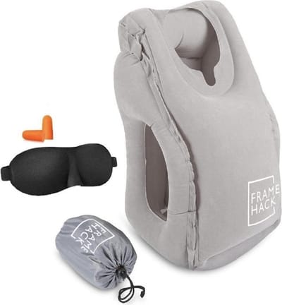 Framehack - Zacht Opblaasbaar Reiskussen 3D Slaapmasker,Oordopjes en Handig Opbergzakje - Travel Pillow - Nekkussen - LUXE REISKUSSEN - Multifunctioneel Kussen Voor Onderweg - Compact & Comfortabel – Reiskussen Vliegtuig,Auto en Trein - Grijs