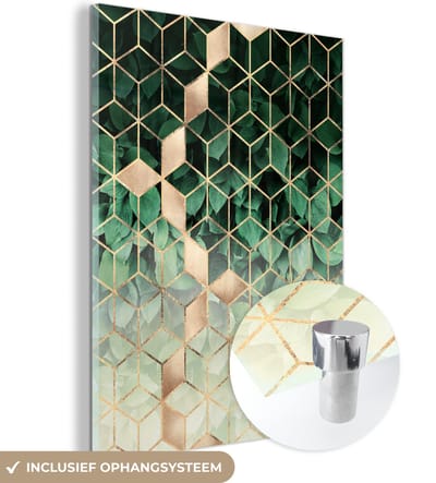 MuchoWow® Glasschilderij 30x40 cm - Schilderij acrylglas - Bladeren - Goud - Patronen - Kubus - Luxe - Foto op glas - Schilderijen