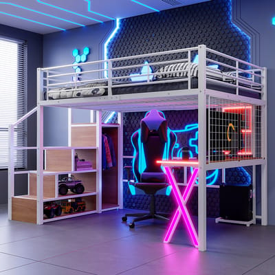 Pugsdrly - Hoogslaper - Tweepersoonsbedden - 140*200 cm - met LED-verlichting - opbergladder - bureau - kledingkast - planken - wit - zonder matras