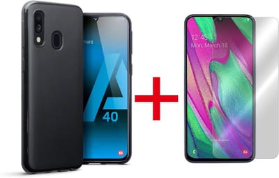 HB Hoesje Geschikt voor Samsung Galaxy A40 - Siliconen Back Cover + Tempered Glazen Screenprotector - Zwart