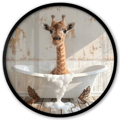 Poster in lijst Rond - Fotolijst 40x40 cm - Posters - Giraf - Badkuip - Vintage - Dieren - Ronde posterlijst zwart - Decoratie - Wanddecoratie woonkamer - Muurdecoratie slaapkamer