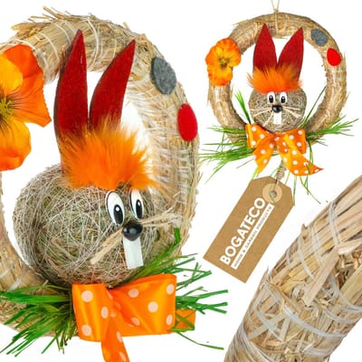 Paaskrans van stro met konijntjes, Paaskrans deurhanger decoratie – 100% gerecycled, deurdecoratie, lentedecoratie voor huis en tuin met Pasen | 4 kleuren