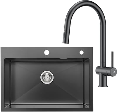 CECIPA max Spoelbak Antraciet 40x44CM - Met keukenkraan met uittrekbare uitloop - Spoelbak Met Afdruip - Spoelbakken Keuken - RVS Inbouw gootsteen Sifon Spoelbak met pop-up afval