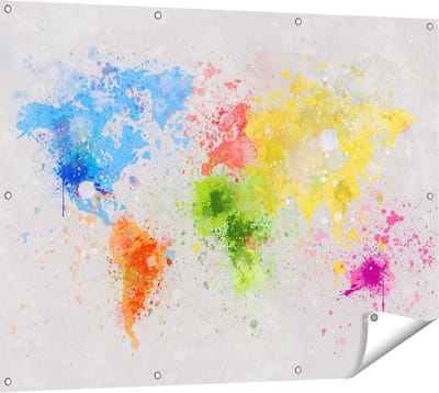 Gards Tuinposter Wereldkaart met Verfvlekken - Abstract - 120x90 cm - Tuindoek - Tuindecoratie - Wanddecoratie buiten - Tuinschilderij