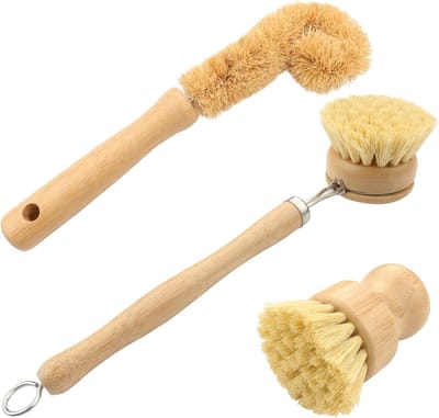 Roellgs 3 sets natural dishwasher brushes, 2 natural plant pot brushes+1 vegetable coconut bottle brush, eco-friendly wooden kitchen cleaning brush, applicable to bowls, pots, basins