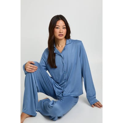 boohoo Dames Lang overhemd met lange mouwen & broekpyjamaset | Dusty Blue | Maat: 8