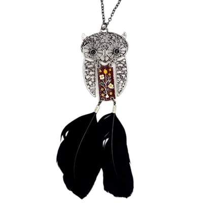 Rhylane – Lange Grijze Ketting (70 cm) Met Uil Hanger Met Echte Veren (14 x 4.2 cm)
