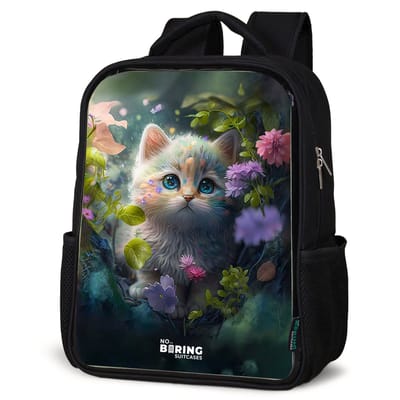 NoBoringSuitcases.com® - Rugzak zwart - Schooltas jongen & meisje - Kitten verstopt achter bloemen - Rugtas voor school - Boekentas kind - Schoolrugzak - Kinderrugzak