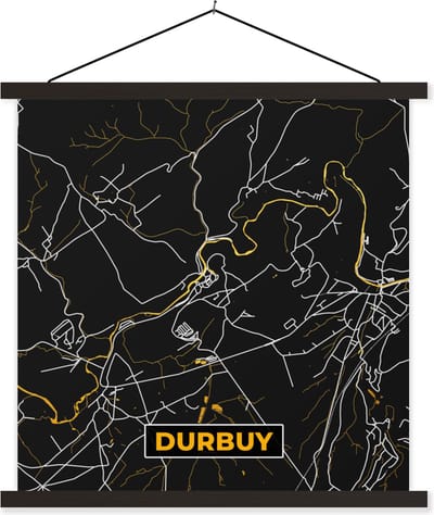 Posterhanger incl. Poster 60x60 cm - Schoolplaat - Plattegrond - Durbuy - Kaart - Stadskaart - Goud - Textielposter - Zwarte latten - Stadskaart