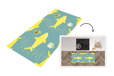 Keukenloper - Loper keuken - Haai - Cartoon - Geel - Patronen - Tiener - 120x50 cm - Keukenloper vinyl