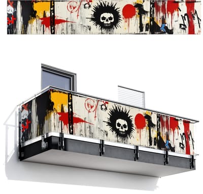 Balkonscherm 500x85 cm - Balkonposter Graffiti - Schedel - Abstract - Rood - Balkon scherm decoratie - Balkonschermen - Balkondoek zonnescherm