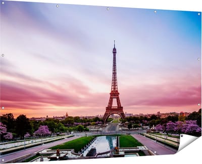 Gards Tuinposter Eiffeltoren in Parijs met Kleurrijke Hemel - 180x120 cm - Tuindoek - Tuindecoratie - Wanddecoratie buiten - Tuinschilderij