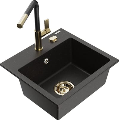 Mexen Milo granieten gootsteen 1-kompartement met keukenmengkraan Flora, zwart/gouden metallic - 6505-75-670401-57-G