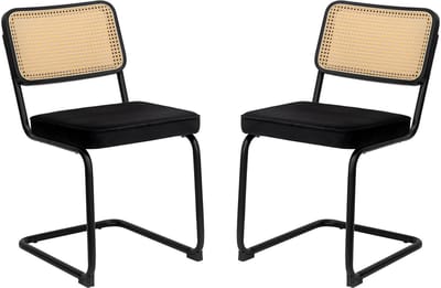 Eetkamerstoelen Set Van 2 - Eetkamerstoel - Eetkamerstoelen - Moderne middeleeuwse stij - Rieten rugleuning - Gewatteerde zitting - Metalen stoelpoten - Fluweell - Geschikt voor de woonkamer en de keuken - Zwart