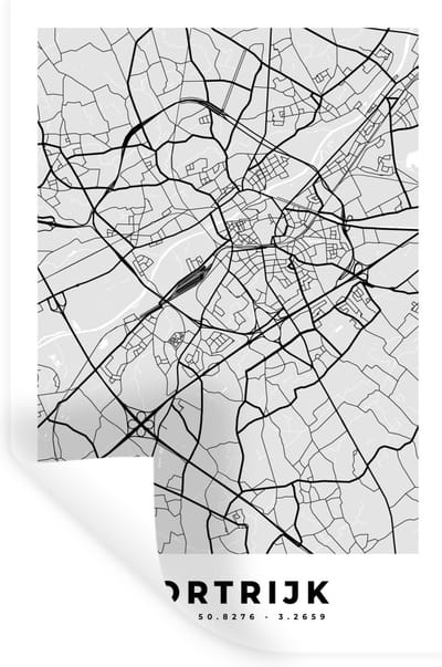 Muurstickers - Sticker Folie - België – Kortrijk – Stadskaart – Kaart – Zwart Wit – Plattegrond - 20x30 cm - Plakfolie - Muurstickers Kinderkamer - Zelfklevend Behang - Zelfklevend behangpapier - Stickerfolie