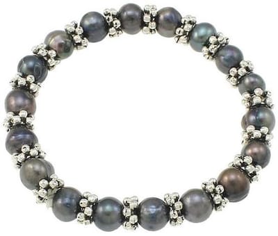 Zoetwater parel armband Davy - echte parels - blauw - zwart - grijs - zilver - elastisch - luxe sieraden zakje - parel armband dames - elastisch parel armband - zoetwaterparel
