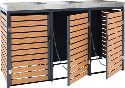 Containerberging voor 3 afvalbakken MCW-K14, Containerberging met plantenbak, 124x200x84cm WPC roestvrij staal 107kg ~ teak look