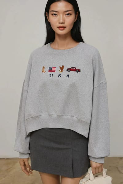 Geborduurd Crew Neck Katoenen Verhoogd Sweatshirt