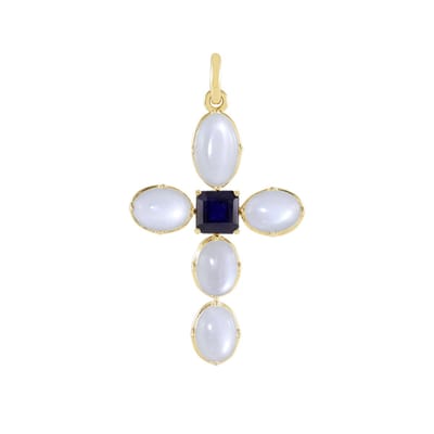 Cavill - 925 Sterling Zilver Verguld Hanger - Witte Maansteen 6,48 ct & Blauwe Saffier 0,99 ct - Ovaal Cabochon Edelsteen Sieraad Dames