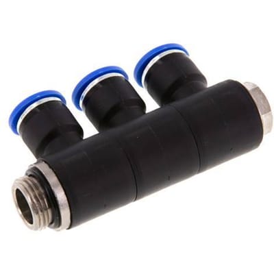 10mm x G3/8'' 3-way Manifold Messing/PA 66 Insteekfitting Buitendraad Draaibaar NBR
