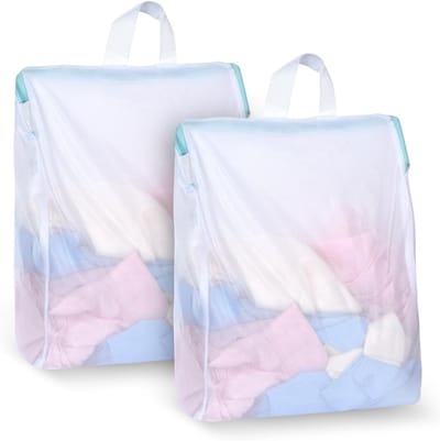 Thijox - 2 Stuks Wasnet Klein 30 x 40 cm Wit - Waszak met Ritssluiting en Handgrepen - Bescherming voor Fijnwasgoed, Ondergoed en Babykleding - Herbru