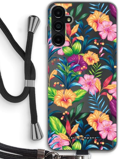 Case Company® - Hoesje met koord geschikt voor Samsung Galaxy A14 hoesje met Koord - Tropisch 2 - Telefoonhoesje met Zwart Koord - Bescherming aan alle Kanten en Over de Schermrand