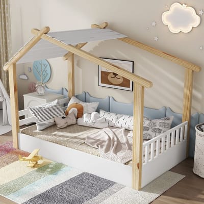 Pugsdrly Houten bedden, kinderbed, eenpersoonsbed, prachtig houten huisontwerp, stabiele lattenbodems, eenvoudig ontwerp, grenen + spaanplaat + MDF, wit + naturel, 90x200 cm