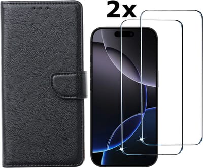 Hoesje Geschikt voor iPhone 16 Pro hoesje bookcase met 2 stuks screenprotectors – Zwart