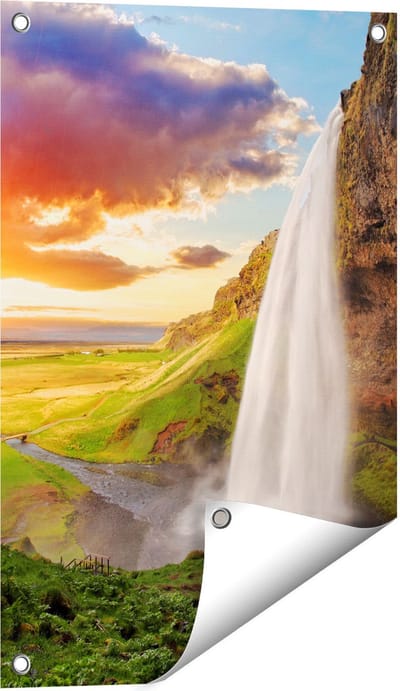 Gards Tuinposter Waterval in IJsland met Zonsondergang - 40x60 cm - Tuindoek - Tuindecoratie - Wanddecoratie buiten - Tuinschilderij