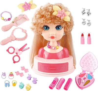 Poppenhoofd Voor Kinderen - Oefenset Vlechten Krullen - Kinderkapsels Oefenen - Inclusief 26 Accessoires - 7.8 Inch Hoogte - Roze