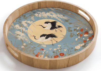 Dienblad rond 40x40 cm - Schootdienblad hout - Kraanvogels - Maan - Bloemen - Blauw - Borrelplank rechthoek - Plateau houten dienbladen
