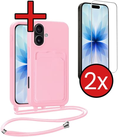 Hoesje Geschikt voor iPhone 17 Hoesje Met Telefoonkoord en Pasjeshouder Met 2x Screenprotector Siliconen - Hoes Geschikt voor iPhone 17 Hoesje Met Kaarthouder Case - Lichtroze