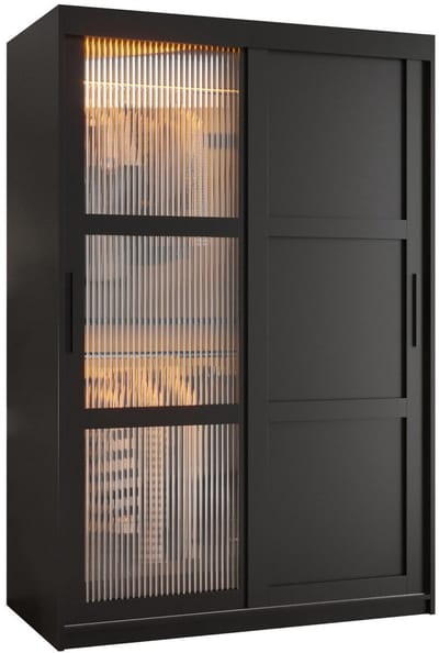 Zweefdeurkast Kledingkast met 2 schuifdeuren glanzen slaapkamerkast Kledingstang met planken Garderobekast met geribbeld glas - ARTON 3 (120 cm, Zwart)