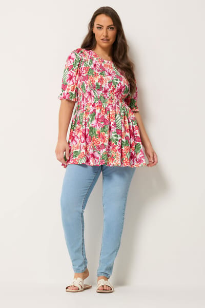 Yours Roze Top Met Bloemenprint, Plooien En Pofmouwen Size 42
