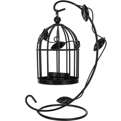 Retro Uitgesneden Vogelkooi IJzeren Hangende Kandelaar Kandelaar Lantaarn Woondecoratie (Zwart) Black black