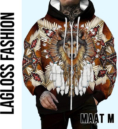 LaGloss® Heren Wolf Print Hoodie Vest– Fleece Gevoerd Zip-Up Jack met Capuchon, Tribale Wolfpatronen, Zakken & Trekkoord – Warme Wintervest voor Herfst/Winter – Maat M